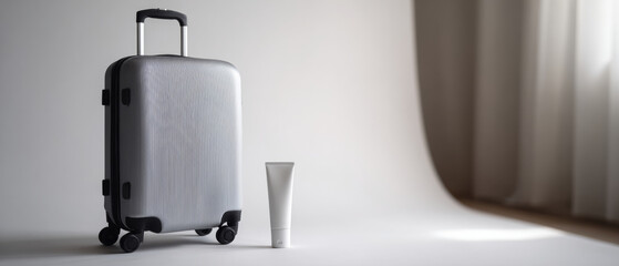 Silver suitcase with travel cream tube