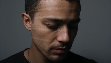 Obraz premium Looking man tilting head and turning in studio with crewneck shirt, chain necklace, banded lighting