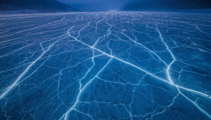 Crisscrossing frozen lake surface revealing glowing ice cracks toward distant shoreline in valley