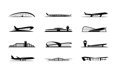 Airport architecture and airplanes in black silhouette vector icons set