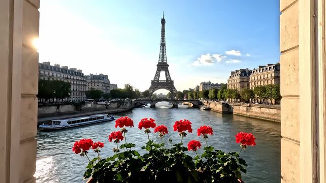 View through a window of the famous tower, river and buildings. Red flowers in the foreground
