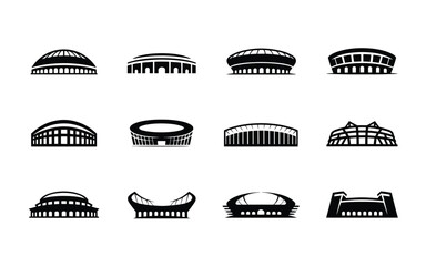 Collection of various stadium and arena architectural icons in black silhouette on white background for sports and event design © Shela