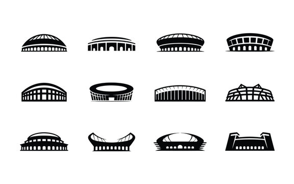 Collection of various stadium and arena architectural icons in black silhouette on white background for sports and event design
