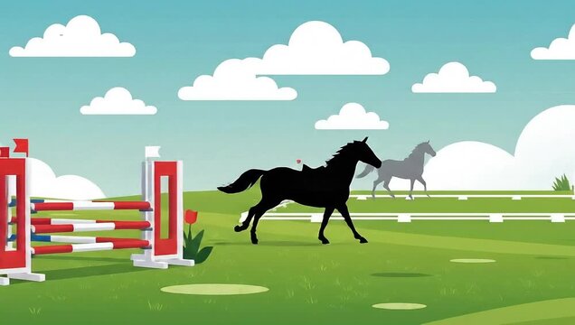 A horse jumping over obstacles in a green field with a blue sky and clouds.