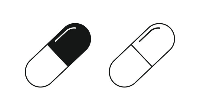 Two capsule pills one filled and one empty in black and white silhouette