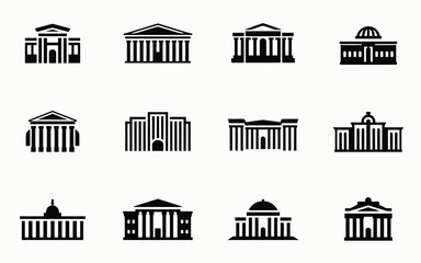 Collection of various black and white architectural building icons including government and institutional structures with columns and domes on a plain background © Shela