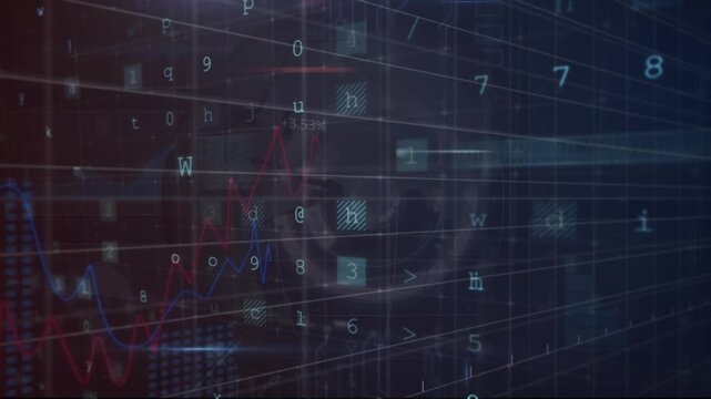 Animation of cyber security and statistical data processing over spinning globe on blue background