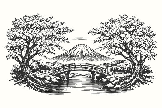 Serene landscape with a traditional arched bridge over a pond near Mt. Fuji, black and white vintage vector illustration.