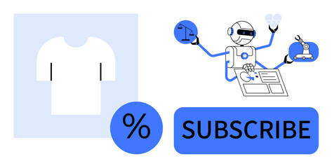 E-commerce, automation, robotics, subscription services, technology innovation, shopping optimization. ion of a robot managing tools and subscription options. E-commerce and automation concept