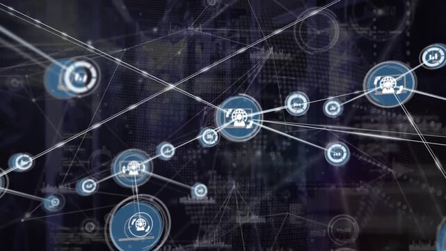 Animation of network of connections with icons and data processing over server room