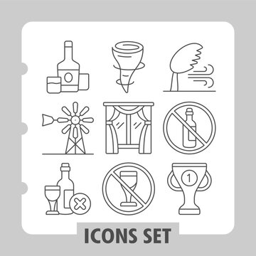 Whisky drink, windmill, wine bottle icons, collection illustrating concepts such as energy, fashion, sports, celebration and leisure. Set of nine thin line icons on white background.