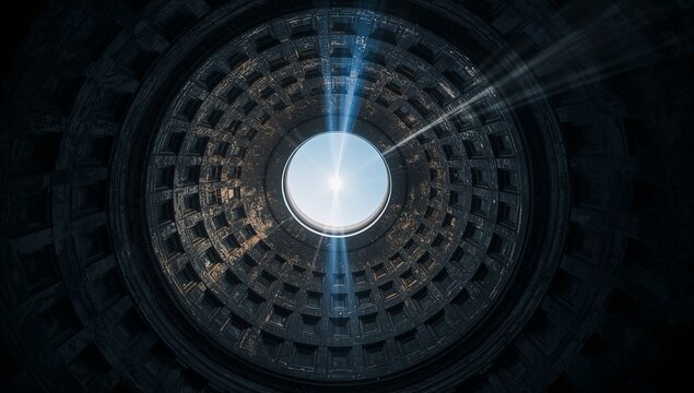 Revealing central oculus and coffered rings casting sunbeam into rotunda, stone masonry lens flare