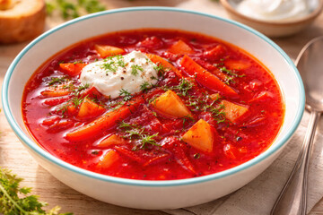 Traditional Ukrainian borscht soup with sour cream and fresh dill