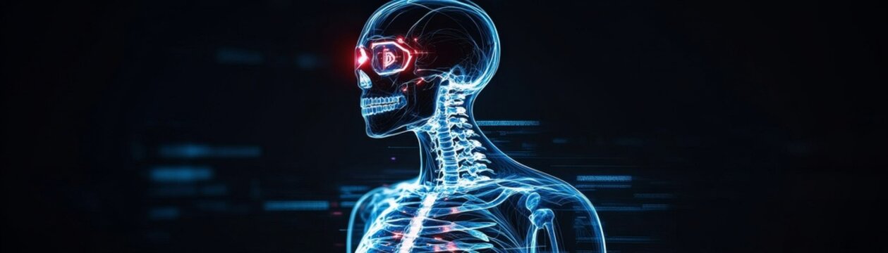 Holographic human anatomy scan blue skeletal form, red data foci in eyes and torso, AI diagnostics and cybernetic health vision, Medical Imaging, Biotech