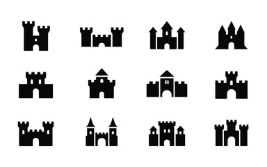 Fototapeta premium Collection of black castle silhouettes in various medieval architectural styles on white background