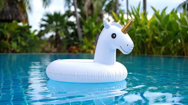 A whimsical white inflatable unicorn pool float bobs gently on the surface of clear blue water, surrounded by lush tropical foliage, creating a fun and playful summer vacation mood
