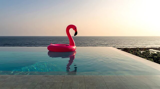 A bright pink flamingo inflatable pool float rests in the calm water of an infinity pool with the ocean and sunset in the background, creating a serene summer mood