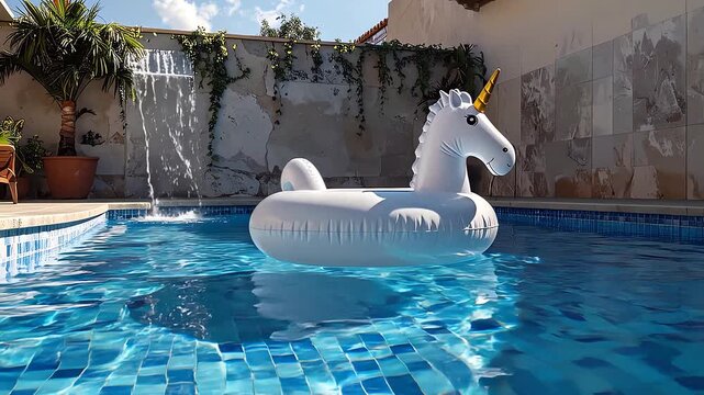 A whimsical white inflatable unicorn pool float drifts serenely on the sparkling blue water of an outdoor swimming pool, featuring a small waterfall and lush greenery in the background