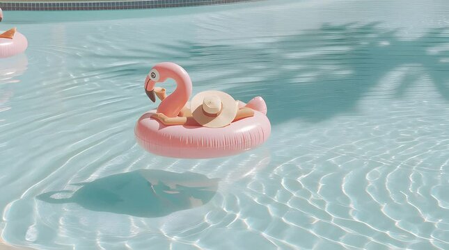 A person wearing a straw hat rests on a pink inflatable flamingo float in a sunlit swimming pool with rippling turquoise water and palm tree shadows