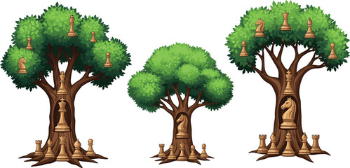 Fantasy trees decorated with chess pieces, creative surreal nature vector illustration, unique concept artwork design for strategy, imagination, abstract magical themes © NAFIJ775