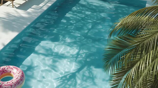 Close-up aerial view of a clear blue swimming pool with rippling water, a pink inflatable donut float, and a palm frond, conveying a relaxing summer vacation mood against a bright white