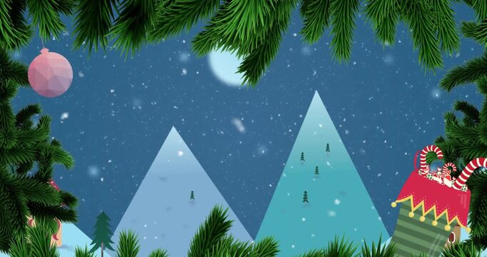 Animation of bauble, snowfall, gifts in shoe, snowfall mountains and leaves over blue background