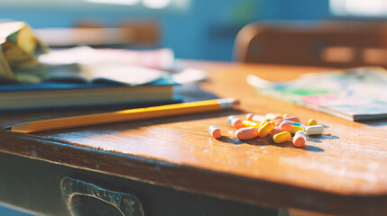Fototapeta premium A bright close-up shot of a student's wooden desk, a pile of various colorful pills mixed with school stationery - representing the danger of youth drug abuse.