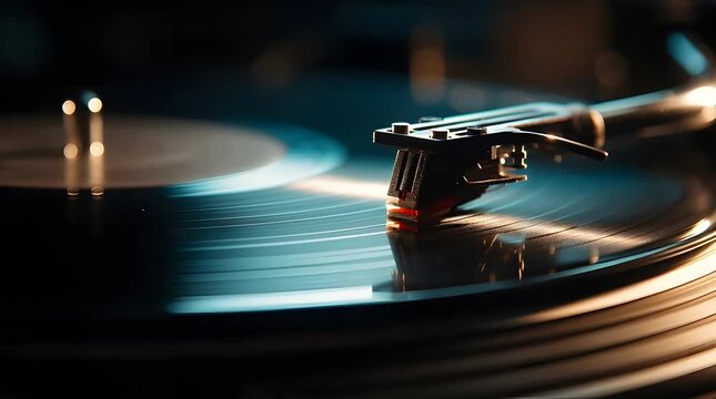 Close-up of a turntable needle tracking grooves on a spinning vinyl record, with dramatic lighting and a dark, moody atmosphere, highlighting the analog audio playback technology