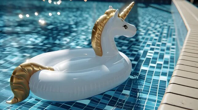 A white inflatable unicorn pool float with golden accents bobs gently on the sparkling blue water of a swimming pool, reflecting sunlight and conveying a playful summer mood