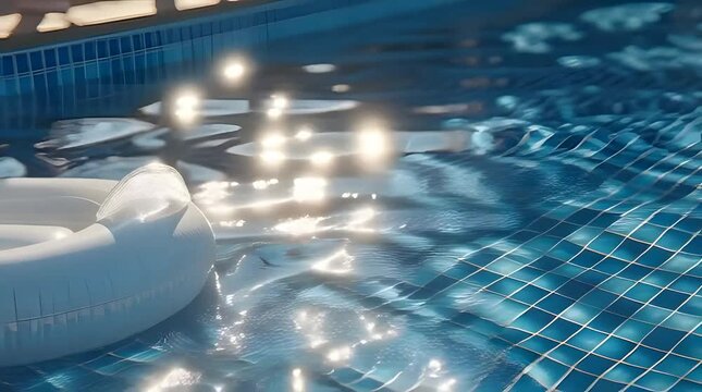 Close-up of a white inflatable pool ring floating gently on sparkling blue water in a tiled swimming pool, reflecting bright sunlight with a serene summer mood