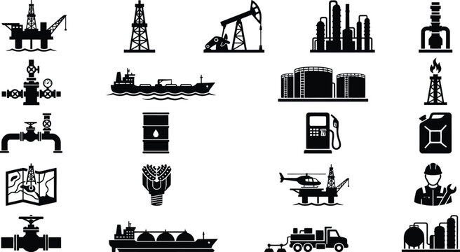 Oil and gas industry icons set with drilling rigs refineries and transportation vehicles on white background