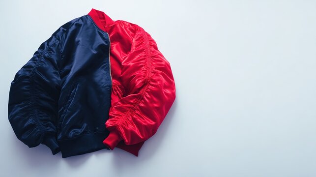 reversible. A reversible jacket lying on a plain surface, one side blue and the other red. lifestyle magazines, social media lookbooks, designed for lifestyle magazines and social media content.