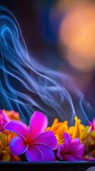 Fototapeta premium Colorful flowers with delicate smoke swirling above them, set against a soft, blurred background
