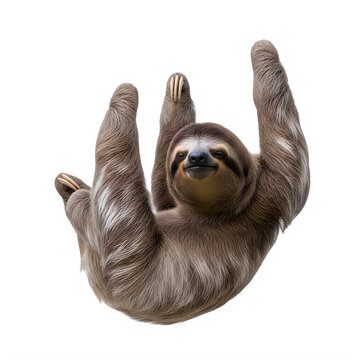 Brown sloth hanging upside down, isolated on a transparent PNG background