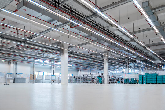 Illuminated warehouse of modern factory, Stuttgart, Germany