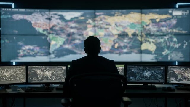 A main operator reviewing network status on a console at a dimly lit control center while the array of vibrant network maps on the wall remains blurred conveying roundtheclock