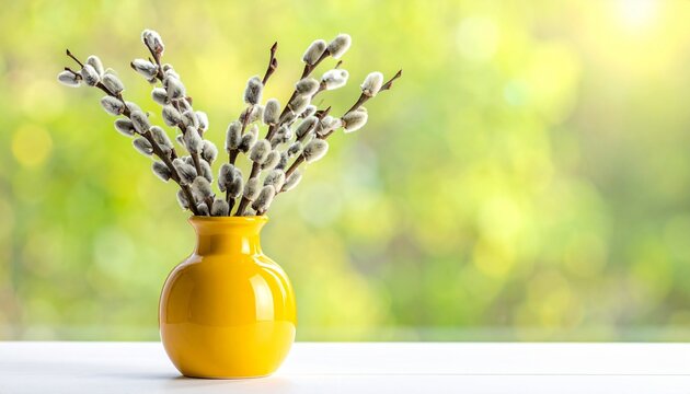 Pussy willows in yellow pastel vase on wooden table on springtime. 