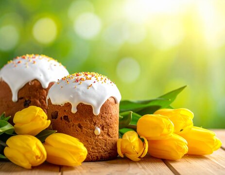 Traditional Ukrainian paska bread cake and yellow tulip flowers on wooden table. 