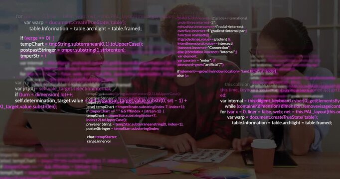 Three tech developers collaborating around laptop while typing code overlays with coffee cup