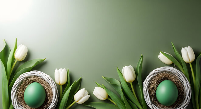Easter eggs in nest with tulips on green background springtime holiday decoration