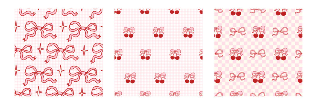Coquette seamless pattern set with hand drawn bows and cherries on pink gingham backgrounds, cute red line doodles, girly romantic aesthetic, playful feminine design for fabric, wrapping, stationery