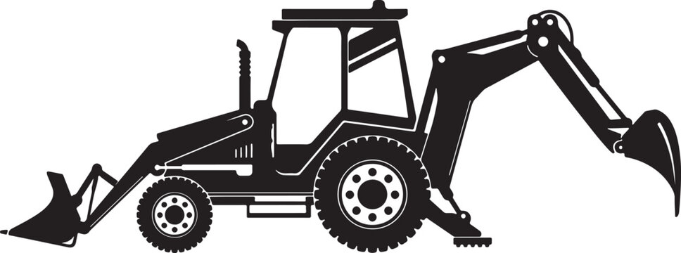 A black and white illustration of a backhoe loader used for digging and construction isolated on transparent background
