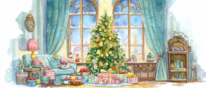 AI generator images of watercolor-style painting depicting Mickey Mouse sitting next to a Christmas tree, surrounded by many beautifully decorated gift boxes.