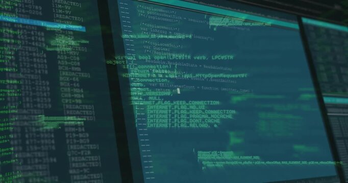 Computer monitor showing code editor with green entries and white code snippets in flat design