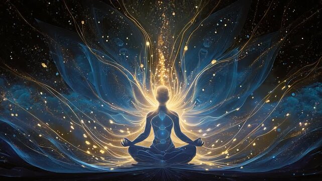 Sacred Visionary Yogi Meditating with Glowing Chakras and Energy Nadis
