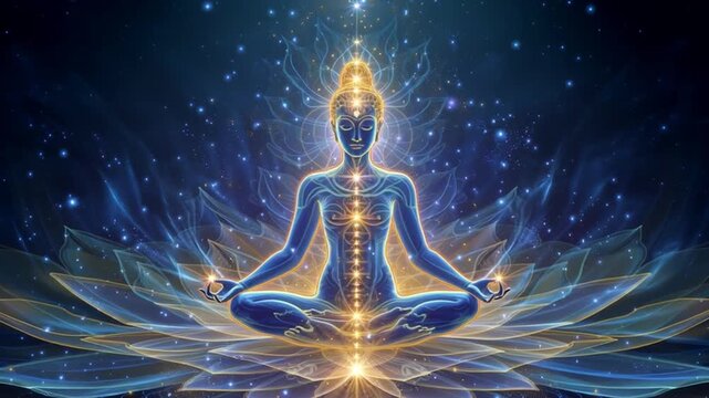 Sacred Visionary Yogi Meditating with Glowing Chakras and Energy Nadis