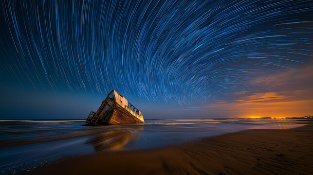 AI generator images of Nighttime seascape photographs featuring abandoned shipwrecks that have become part of the coastal landscape.