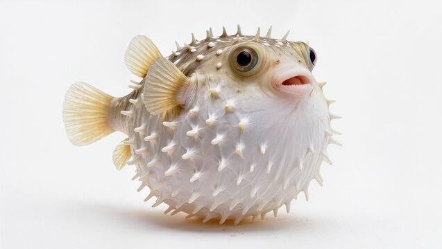 Close-up of an Inflated Spiky Pufferfish on a White Background