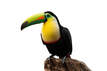 Fototapeta premium Keel-billed toucan perched on wood, displaying vibrant colors and distinctive large beak against a transparent background