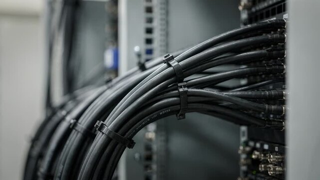 Closeup medium shot showing neatly bundled RF coaxial lines secured with cable ties highlighting tidy routing between equipment racks.